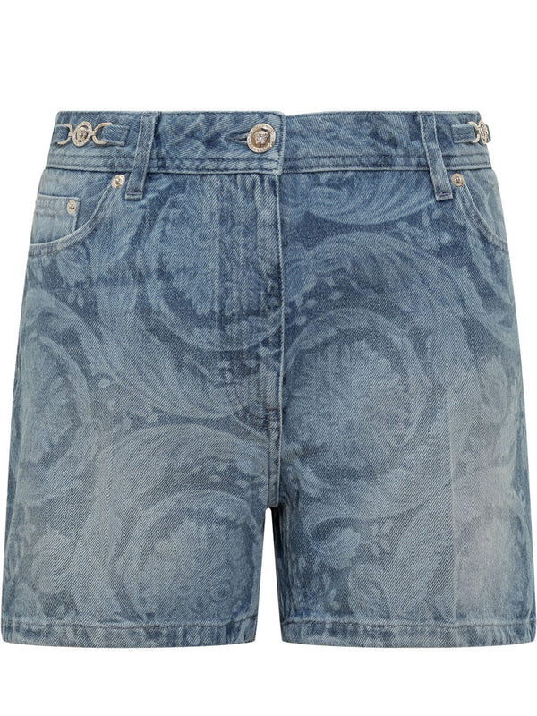 Versace Shorts In Denim With Baroque Silhouette Pattern - Women