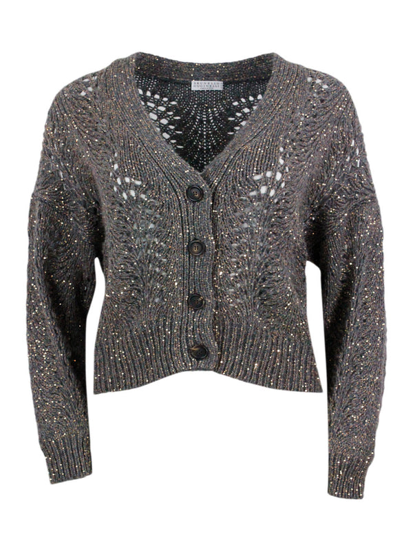 Brunello Cucinelli Cardigan Sweater With Buttons In Precious And Refined Feather Cashmere Embellished With A Dazzling Yarn With Sequins For A Shiny And Three-dimensional - Women