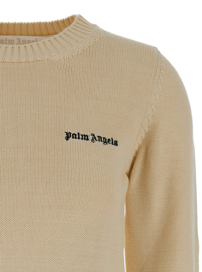 Palm Angels Cream White Crewneck Sweater With Embroidered Logo In Cotton Woman - Women