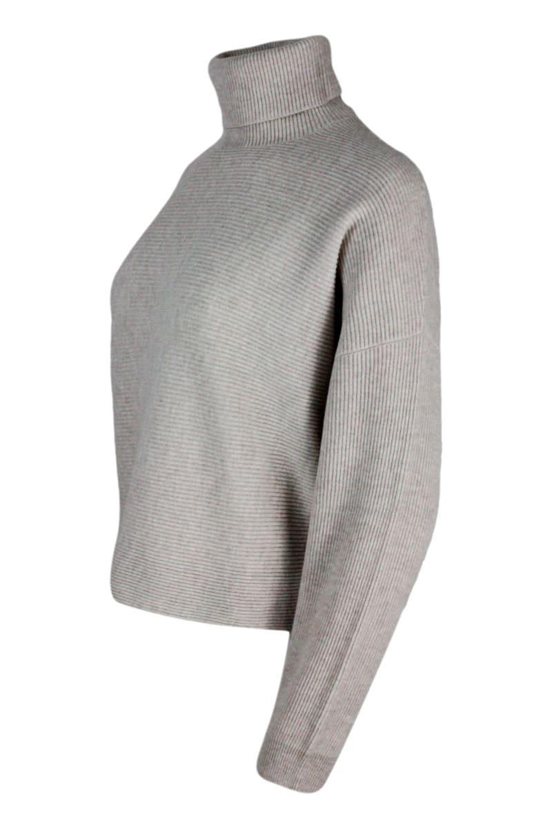 Brunello Cucinelli High Neck Sweater In Wool, Silk And Cashmere With English Rib Knit With Precious Shiny Monili On The Side Slits - Women - Piano Luigi