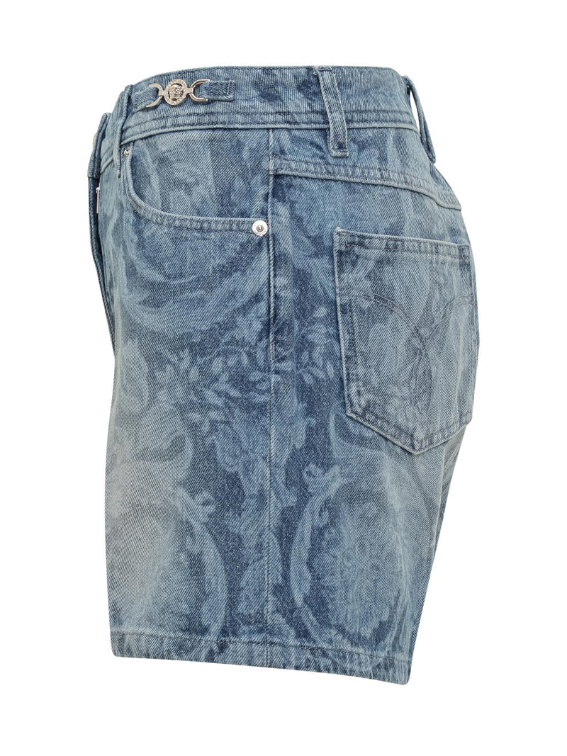 Versace Shorts In Denim With Baroque Silhouette Pattern - Women