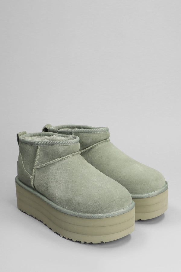 UGG Classic Ultra Mini P Low Heels Ankle Boots In Green Suede - Women