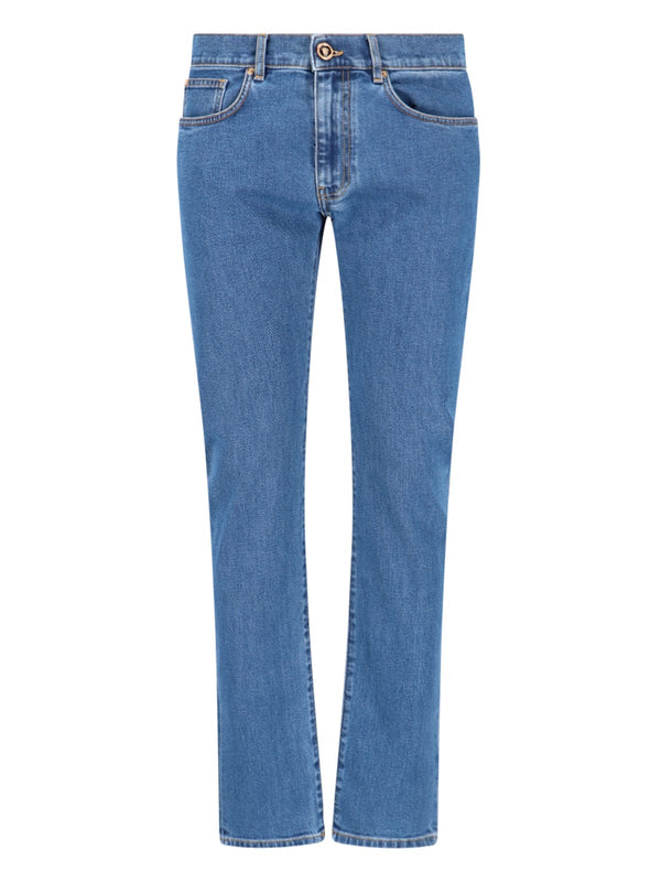 Versace Blue Fitted Jeans With Logo Embroidered And Botton In Cotton Blend Denim Woman - Men