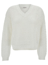 Brunello Cucinelli White Pullover With V Neckline In Open-work Knit Woman - Women