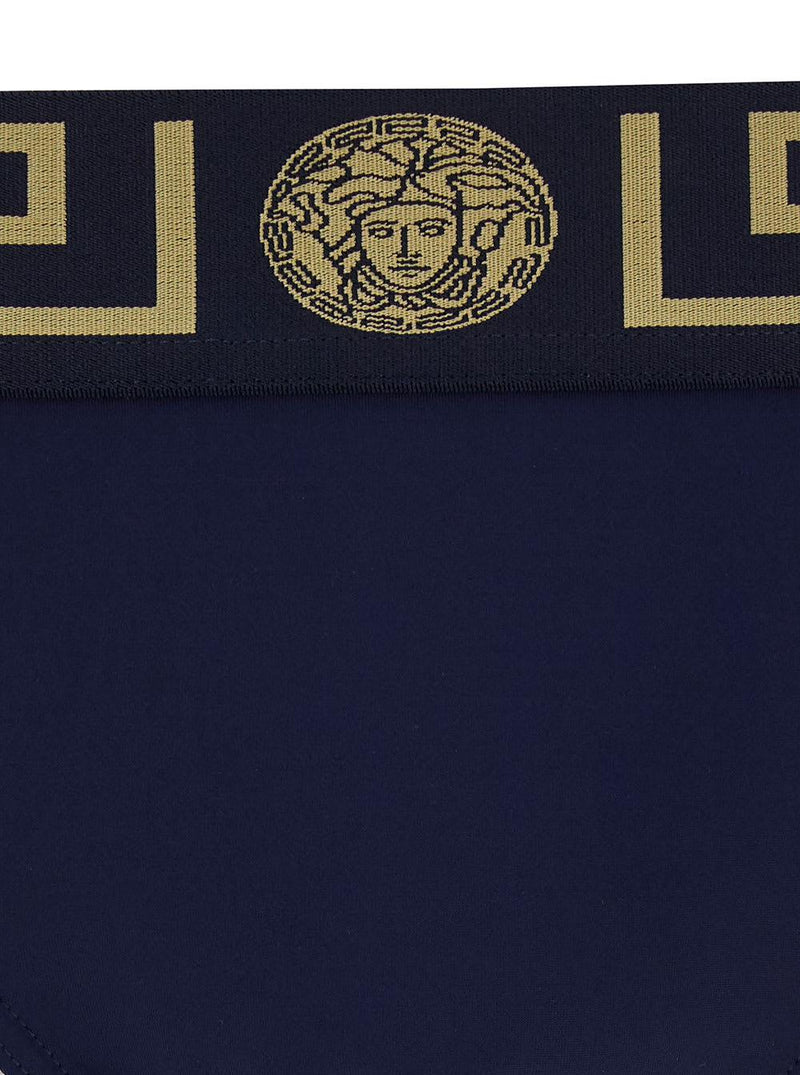 Versace Dark Blue Swim Briefs With Medusa Head And Greca Motif In Polyamide Stretch Man - Men - Piano Luigi