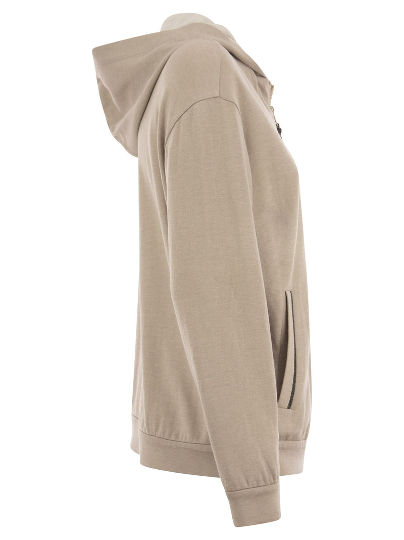 Brunello Cucinelli Cotton And Silk Sweatshirt With Hood And Monili On The Zip - Women