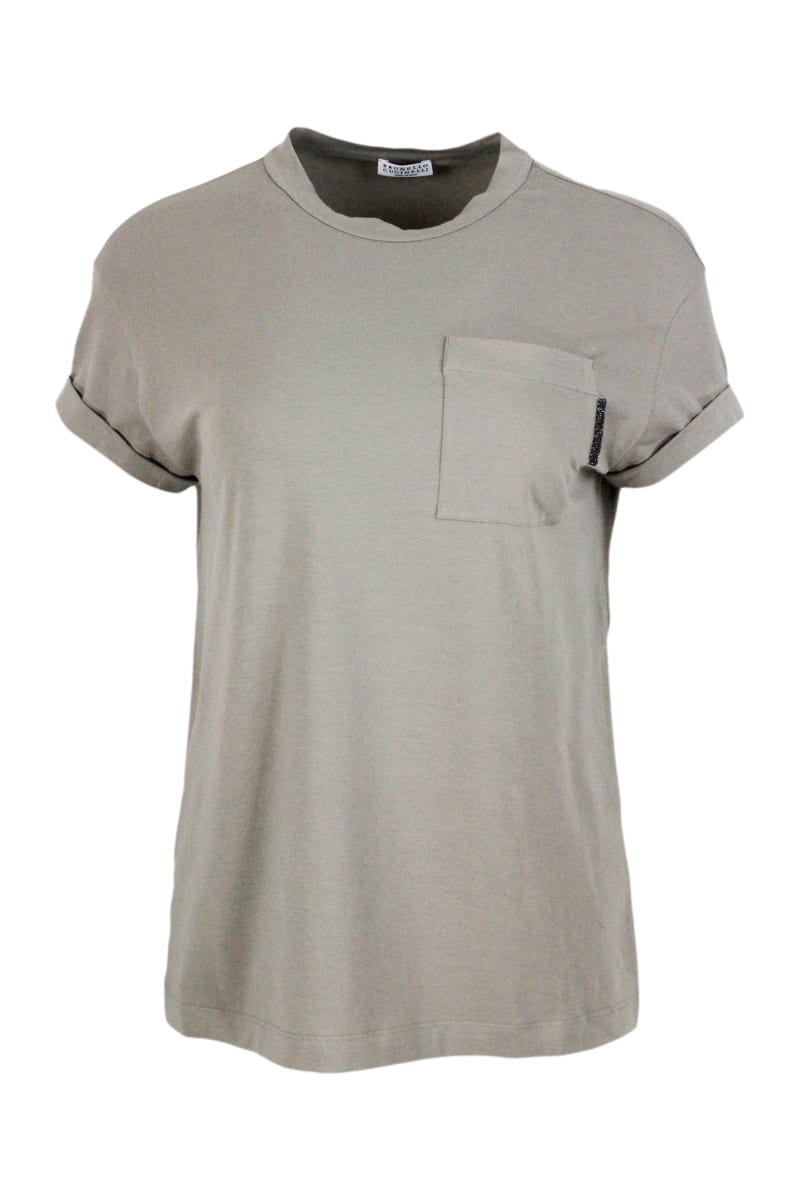 Brunello Cucinelli Short-sleeved Oversized T-shirt In Stretch Cotton With Crew Neck And Pocket With Jewel - Women