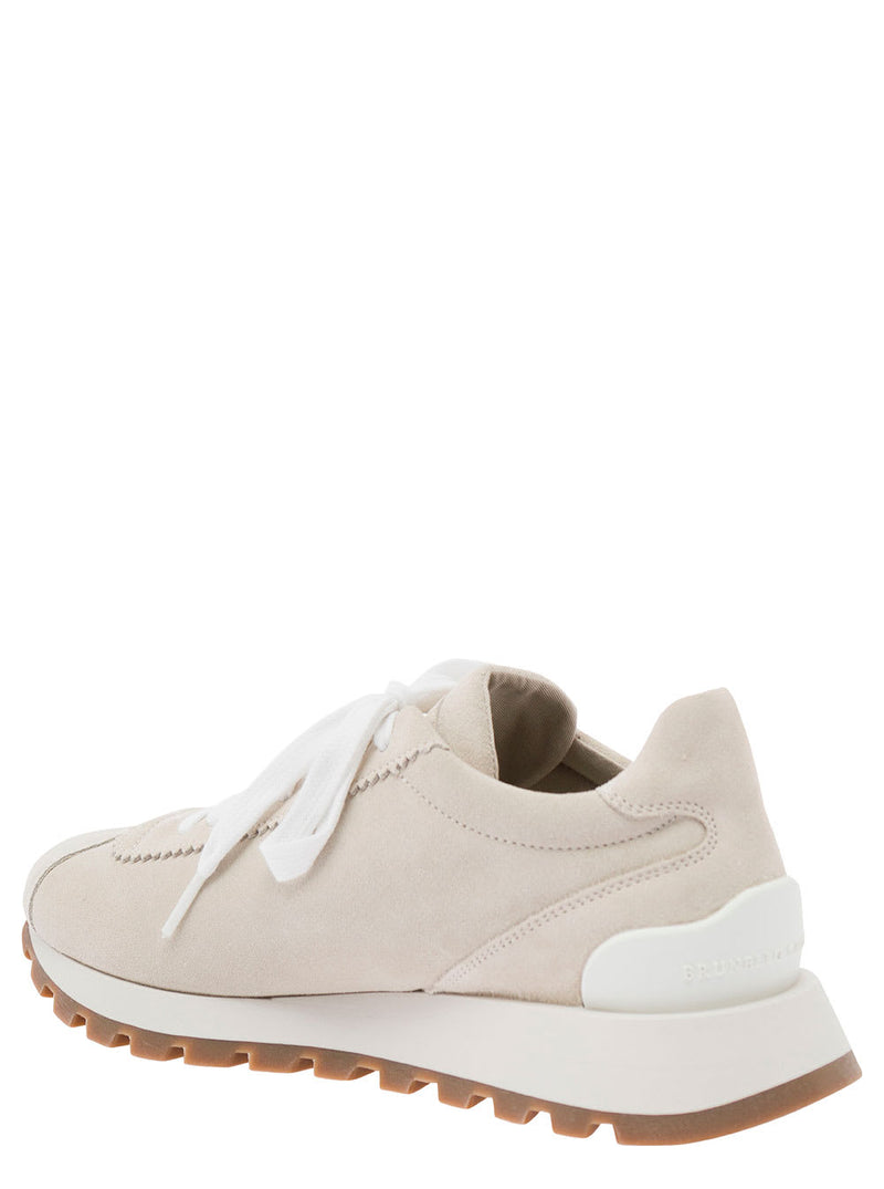 Brunello Cucinelli Beige And White Low Top Sneakers With Shiny Tab In Suede Woman - Women