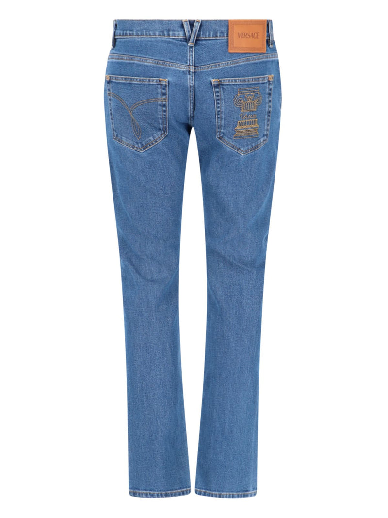 Versace Blue Fitted Jeans With Logo Embroidered And Botton In Cotton Blend Denim Woman - Men