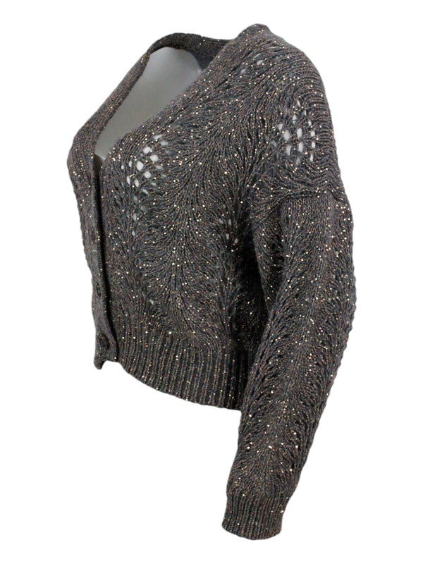 Brunello Cucinelli Cardigan Sweater With Buttons In Precious And Refined Feather Cashmere Embellished With A Dazzling Yarn With Sequins For A Shiny And Three-dimensional - Women