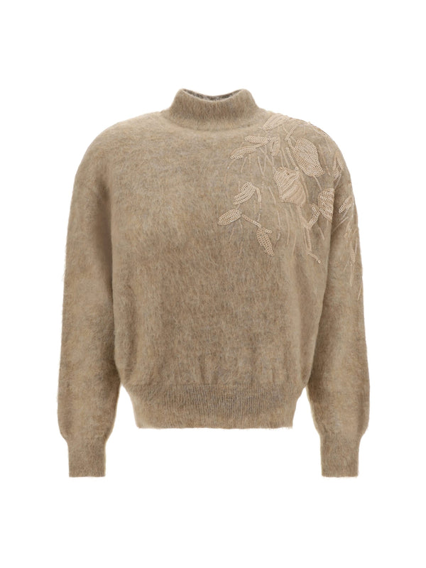 Brunello Cucinelli Long-sleeved Turtleneck Sweater With Special Sequin Appliqu? In Soft Mohair And Wool Yarn - Women