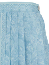 Versace Mini Light Blue Pleated Skirt With Tonal Barocco Print In Silk Woman - Women