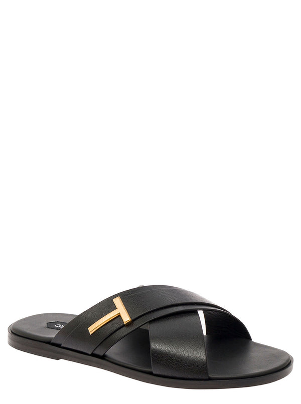 Tom Ford preston Black Flat Sandals With T Detail In Leather Man - Men