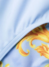 Versace Swim Brief With Signature Greca Motif In Light-blue Technical Fabric Man - Men