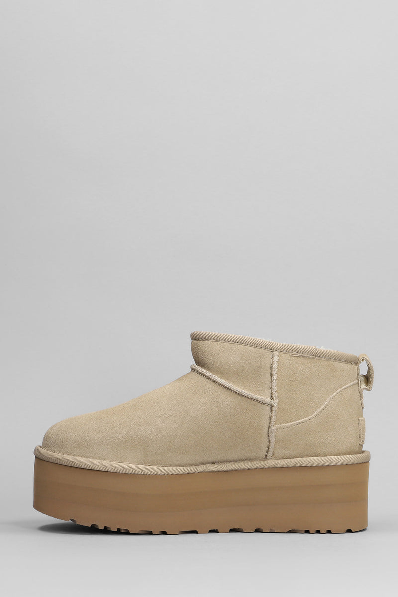 UGG Classic Ultra Mini P Low Heels Ankle Boots In Beige Suede - Women