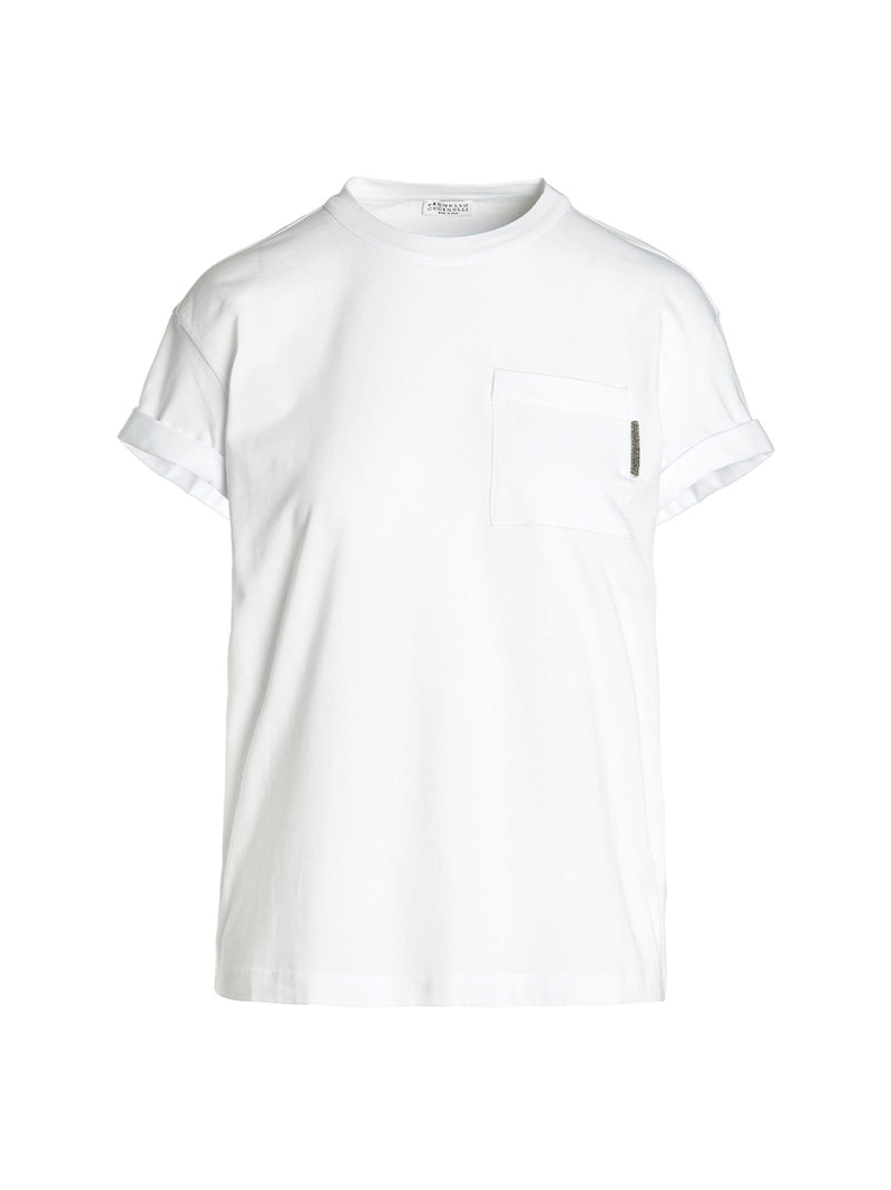 Brunello Cucinelli Crewneck T-shirt With Patch Pocket And Monile Detail In Stretch Cotton - Women