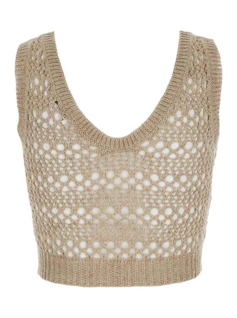 Brunello Cucinelli Beige Mesh Sleeveless Cropped Top In Linen Blend Woman - Women