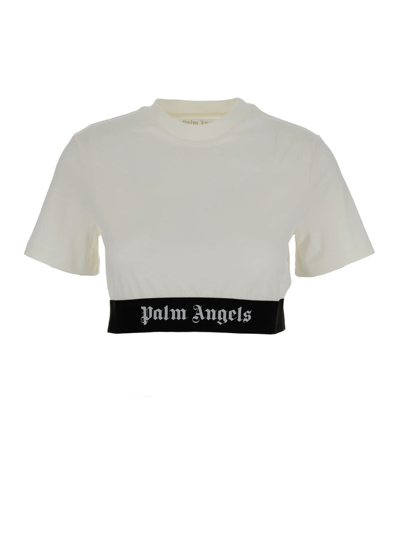 Palm Angels White Cropped T-shirt With Jacquard Logo In Cotton Woman - Women