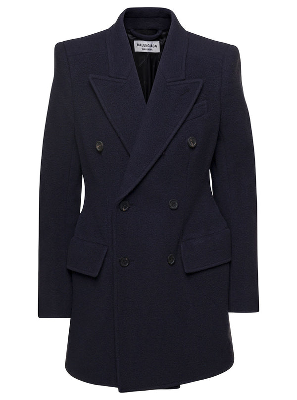 Balenciaga hourglass Blue Double-breasted Jacket With Peaked Revers In Brushed Wool Woman - Women