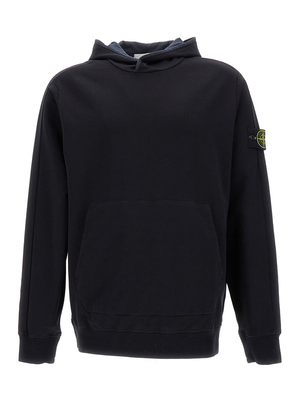 Stone Island Black Hooded Sweatshirt With Logo Application On Sleeve In Cotton Blend Man - Men