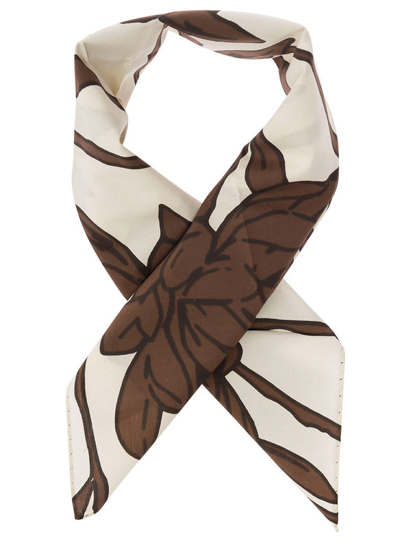 Brunello Cucinelli Brown And White Scarf With Floreal Print In Cotton Woman - Women