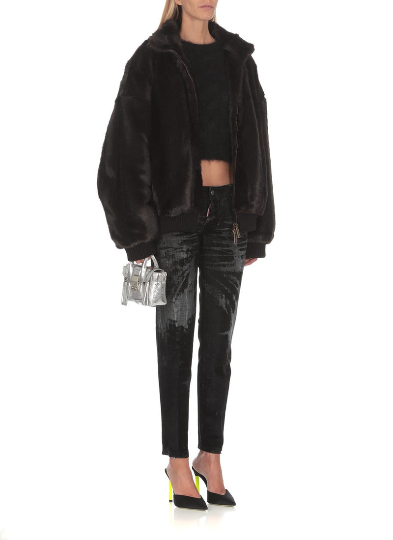 Dsquared2 Faux Fur D2 Brown Bomber Jacket - Women