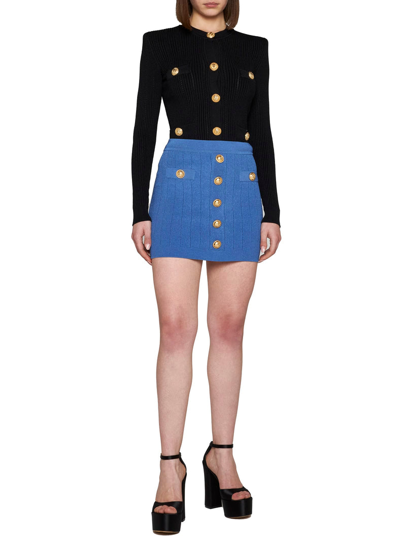 Balmain Blue Knit Short Skirt With Gold Buttons - Women