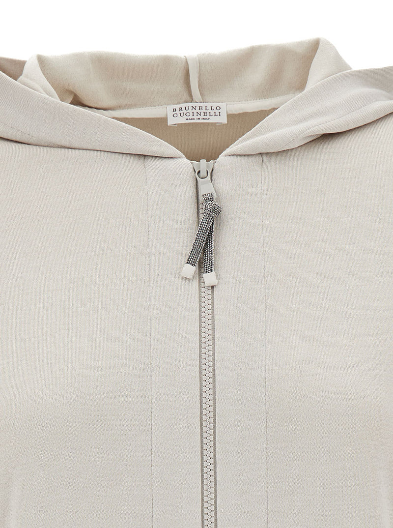 Brunello Cucinelli Beige Hoodie With Zip Closure In Cotton And Silk Woman - Women