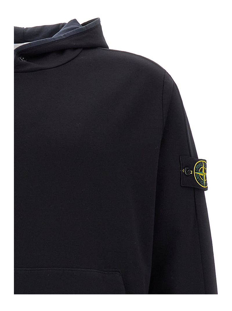 Stone Island Black Hooded Sweatshirt With Logo Application On Sleeve In Cotton Blend Man - Men