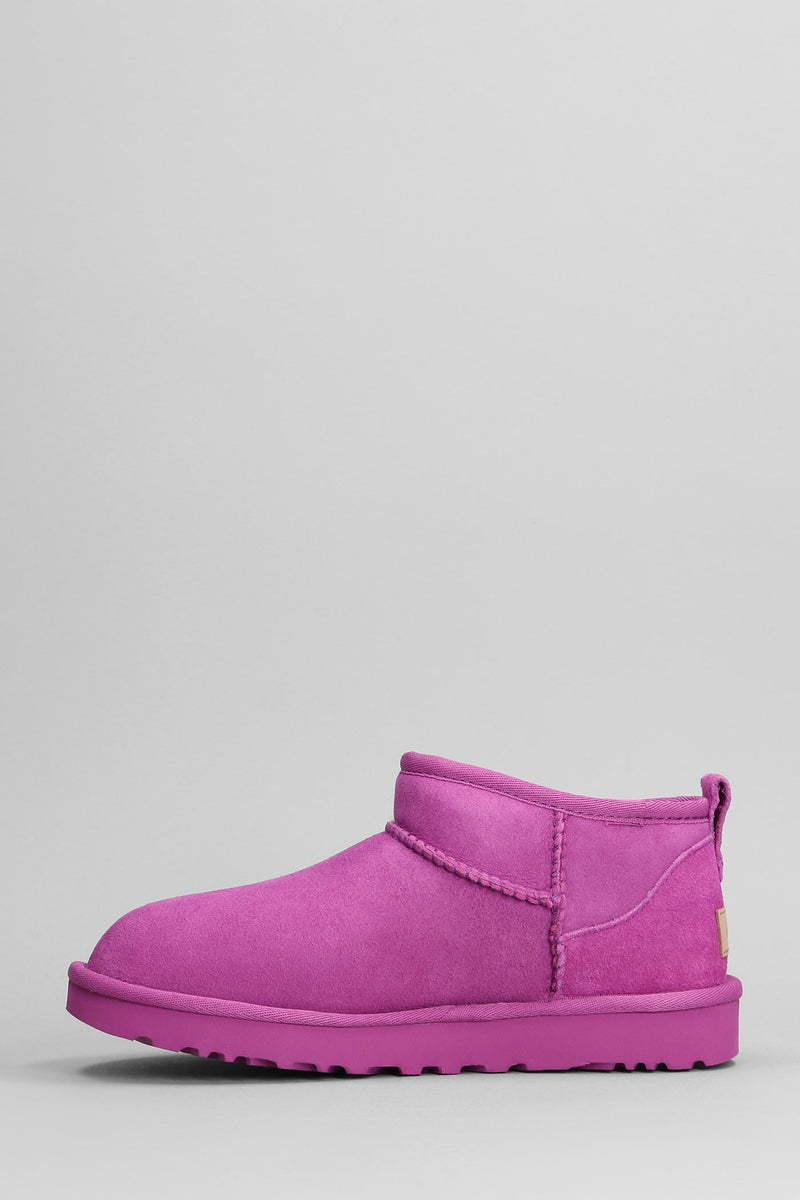 UGG Classic Ultra Mini Low Heels Ankle Boots In Fuxia Suede - Women