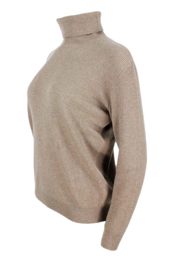 Brunello Cucinelli High Neck Sweater In Soft And Pure Cashmere Half English Rib With Monili Detail On The Neck In The Back - Women - Piano Luigi