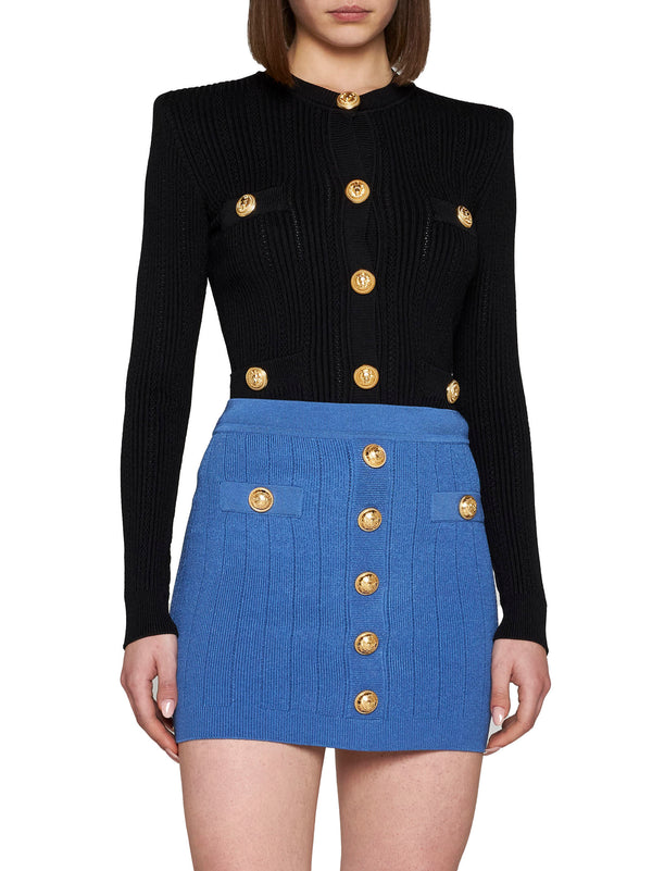 Balmain Blue Knit Short Skirt With Gold Buttons - Women