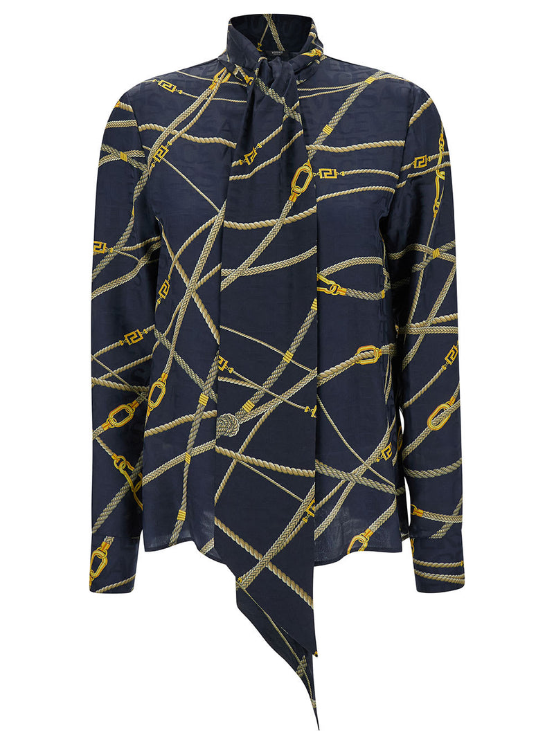 Versace Blue Shirt With Scarf And Barocco Motif In Silk Blend Woman - Women