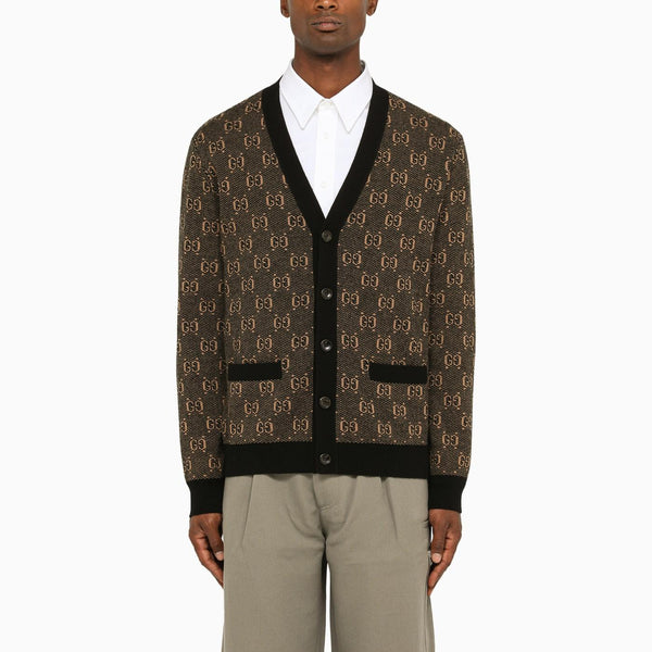 Gucci Camel\/black Gg Wool Cardigan - Men