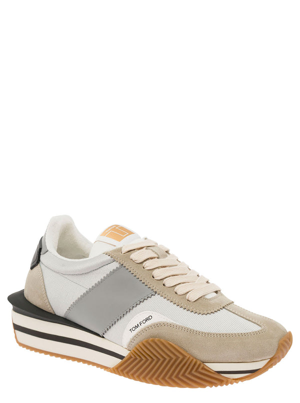 Tom Ford james Beige And Silver Low Top Sneakers With Logo Detail In Lycra And Suede Man - Men