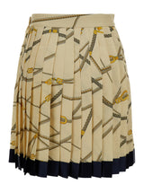 Versace Pale Yellow Pleated Mini Skirt With All-over Logo Print In Silk Blend Woman - Women