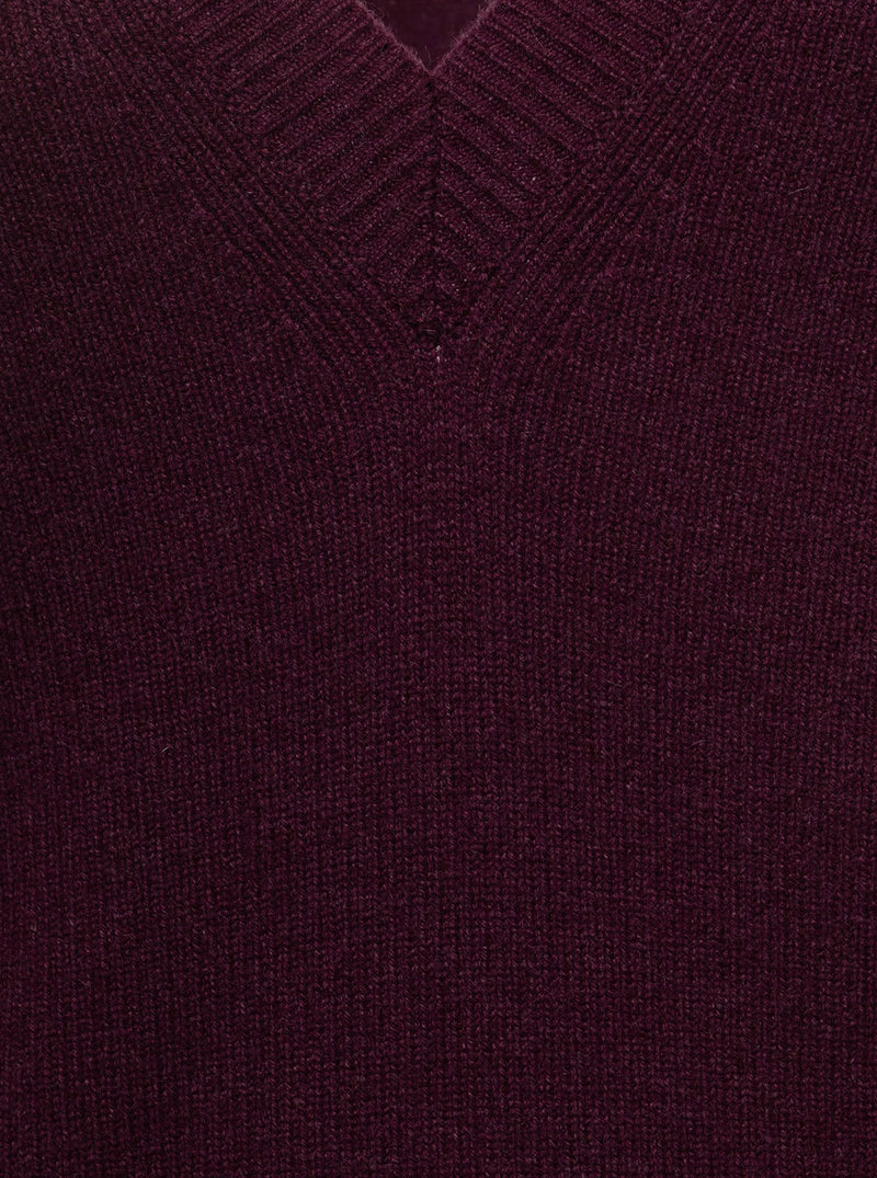 Bottega Veneta Bordeaux V Neck Pullover With Ribbed Trim In Cashmere Womabn - Women