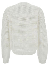 Brunello Cucinelli White Pullover With V Neckline In Open-work Knit Woman - Women