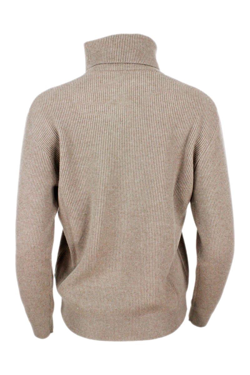 Brunello Cucinelli High Neck Sweater In Soft And Pure Cashmere Half English Rib With Monili Detail On The Neck In The Back - Women - Piano Luigi