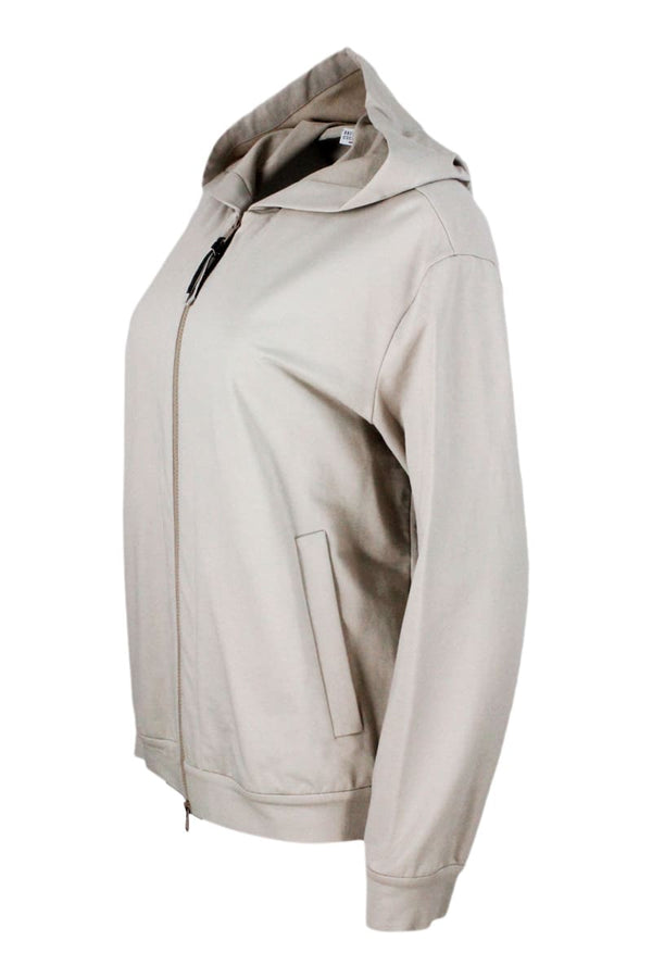 Brunello Cucinelli Stretch Cotton Sweatshirt With Hood And Jewel On The Zip Puller - Women