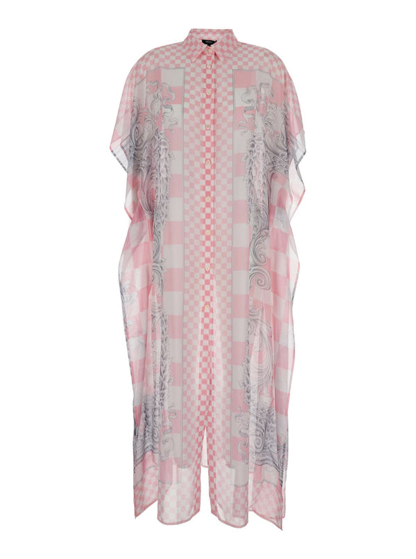 Versace Pink Shirt Dress With Barocco Check Print All-over In Viscose Woman - Women