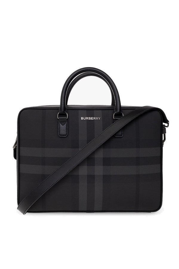 Burberry Check Pattern Logo Plaque Briefcase - Men