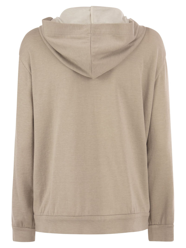 Brunello Cucinelli Cotton And Silk Sweatshirt With Hood And Monili On The Zip - Women