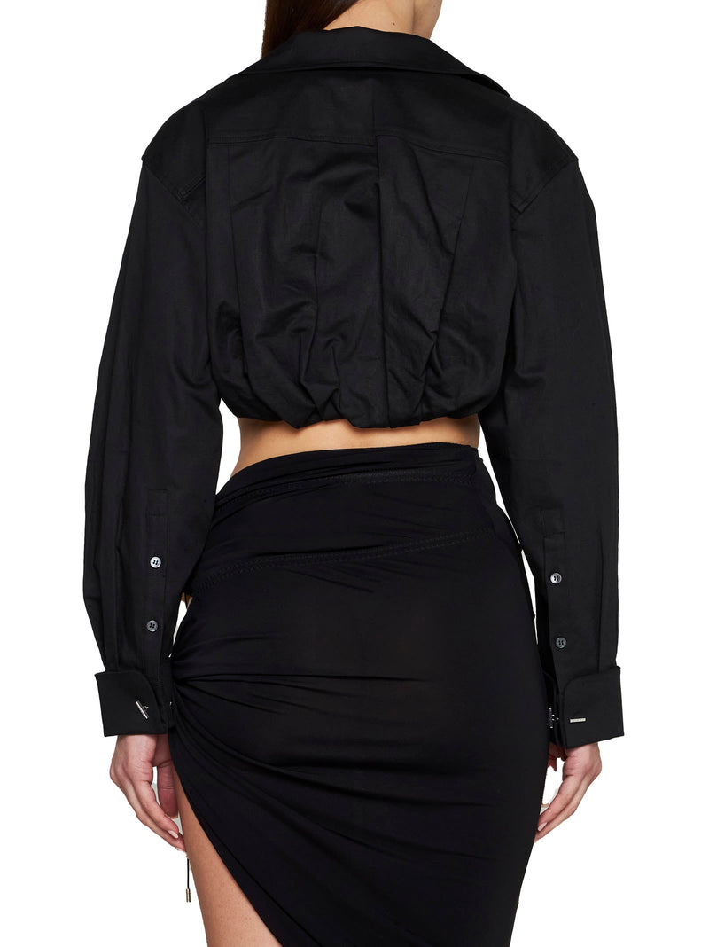 le Chemise Machou Black Gathered Cropped Shirt In Cotton And Linen Woman Jacquemus - Women