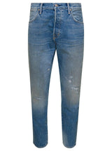 Tom Ford Light Blue 5-pocket Style Jeans With Rips And Logo Patch In Cotton Denim Man - Men - Piano Luigi