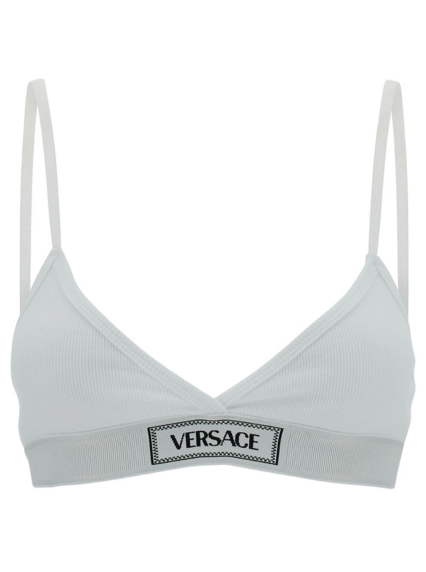 Versace White Sports Bra With Logo Embroidery In Stretch Cotton Woman - Women