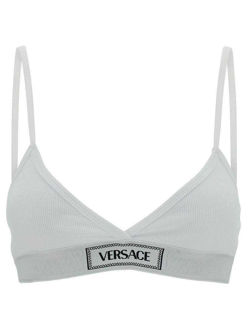 Versace White Sports Bra With Logo Embroidery In Stretch Cotton Woman - Women