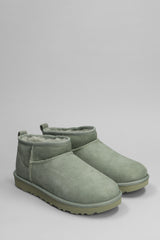 UGG Classic Ultra Mini Low Heels Ankle Boots In Green Suede - Women