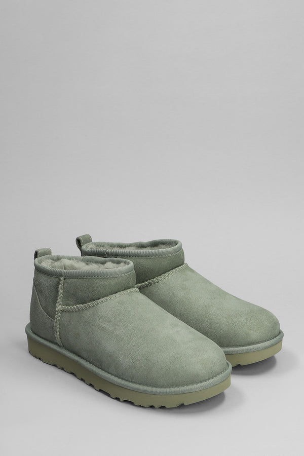 UGG Classic Ultra Mini Low Heels Ankle Boots In Green Suede - Women