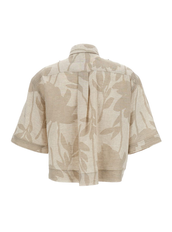 Brunello Cucinelli Beige Leaf Print Shirt In Linen Woman - Women